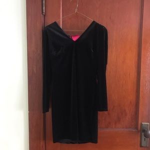 Black velvet mini dress with pink bow back